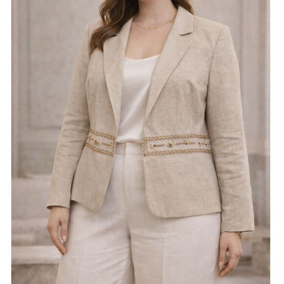 Bloomingdale's Jackets & Blazers - Vintage 90s Bloomingdale’s 100% Linen Beaded Blazer 18W Plus Tan Boho Coastal